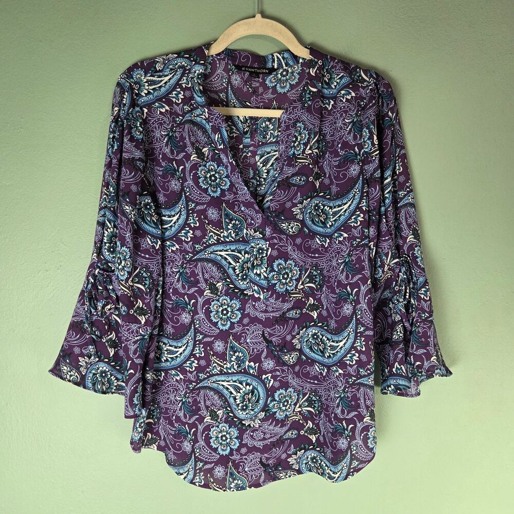 41 Hawthorn Womens Purple Paisley Floral V-Neck Trina Pleat Blouse Size Medium
